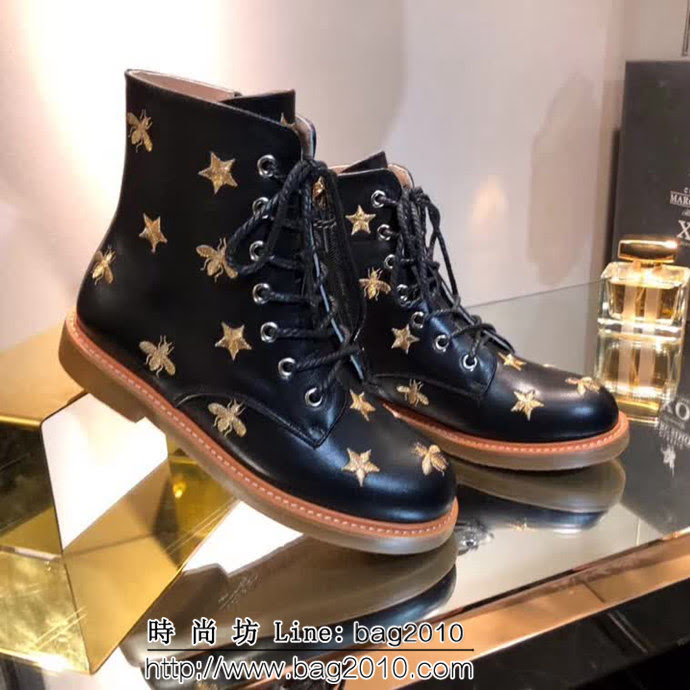 GUCCI古馳 2018經典款 黑色小牛皮刺繡蝴蝶 時尚潮流 中跟靴子 QZS2032
